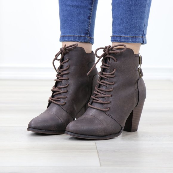 Lace-Up Brown Block Cone High Heeled Ankle Boots Pointed Toe - Picture 10 of 10